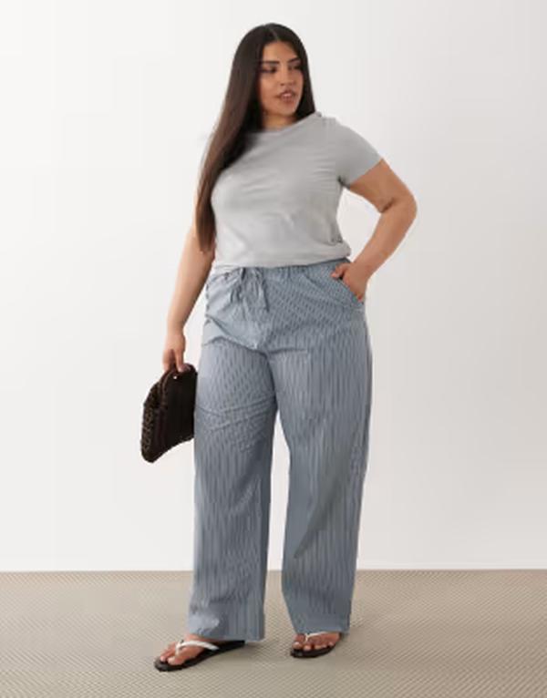 エイソス レディース ボトムス 心地好いズボン下 ASOS Curve ASOS DESIGN Curve pull on pantstripe Blue Stripe 青み