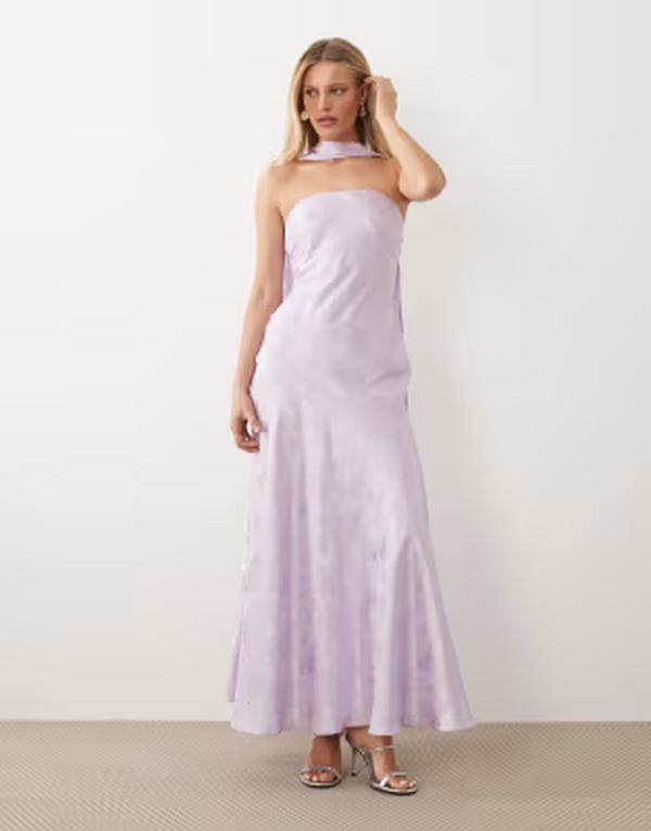 レア レディース トップス 衣装 御花柄 繻子 マキシ 御花 Rare London bandeau scarf detail structured satin floral jacquard maxi dress インチ lilac 紫はしどい