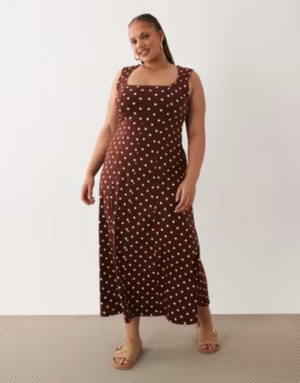 エイソス レディース トップス 衣装 点点 midi ASOS Curve ASOS DESIGN Curve square neck seam detailing MIDI dress インチ polka dots Polka