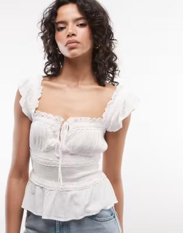 リクレイム ヴィンテージ レディース トップス シャツ フリル Reclaimed Vintage western prairie top with ruffles white ホワイト｜ReVida 店