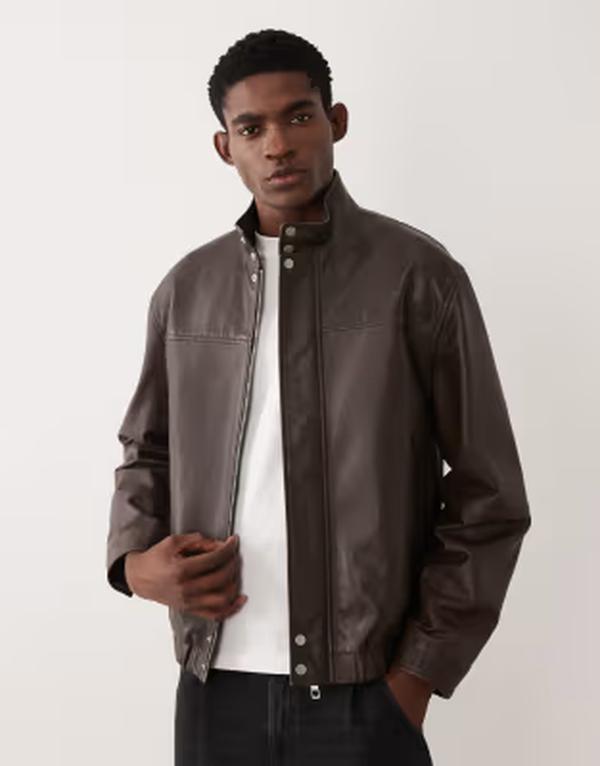 エイソス メンズ アウター 上衣・上衣 なめし革 ASOS DESIGN realeather oversized bomber jacket BROWN 赤銅色