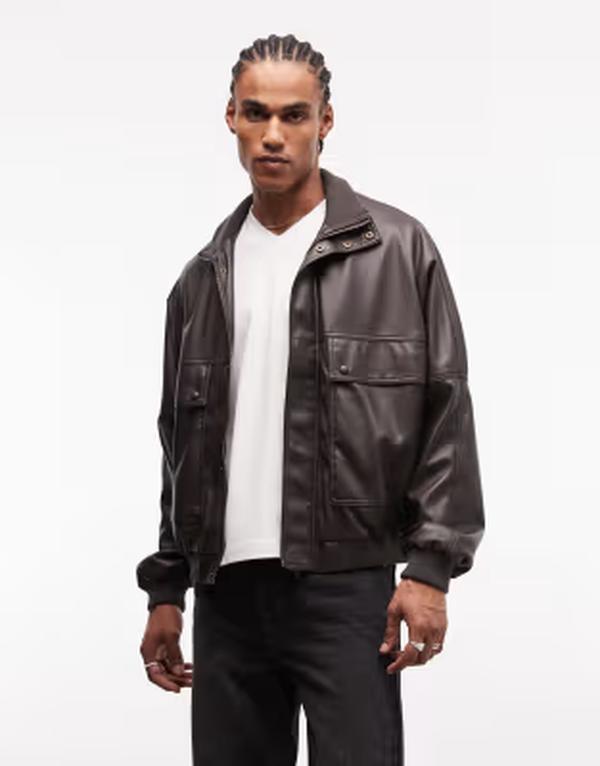 エイソス メンズ アウター 上衣・上衣 照明ランプのど頚 なめし革 フェイクレザー ASOS DESIGN faux leather funnel neck jacket Dark brown 赤銅色