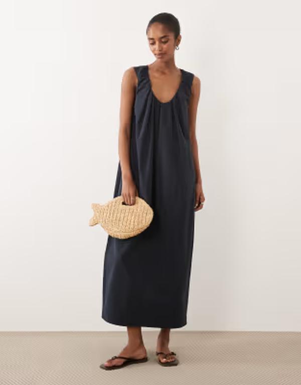 エイソス レディース トップス 衣装 ギャザー midi ASOS DESIGN ruched plunge barrel MIDI dress NAVY 米国海軍
