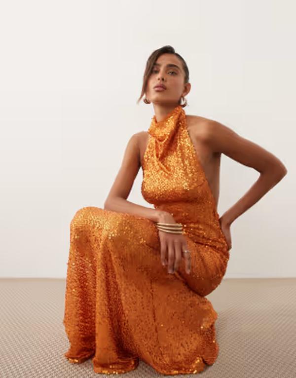 エイソス レディース トップス 衣装 シアー スパンコール マキシ ホルター ASOS DESIGN embellished sheer sequin halter maxi dress インチ matte orange オレンジ色