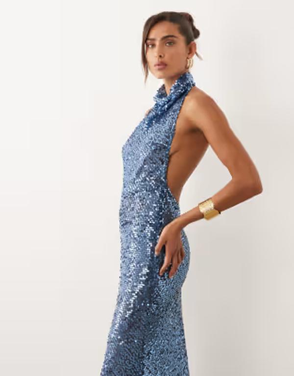 エイソス レディース トップス 衣装 シアー スパンコール マキシ ホルター ASOS DESIGN embellished sheer sequin halter maxi dress Blue 青み