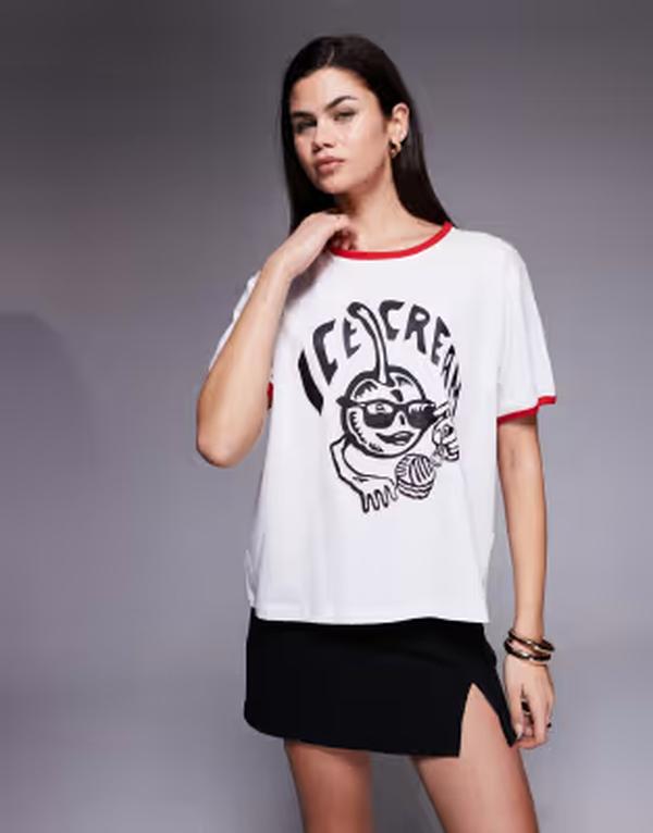 クリーム レディース トップス プルオーバー 刷り上げる ICECREAM cherry print ringer T-shirt WHITE 白いこと