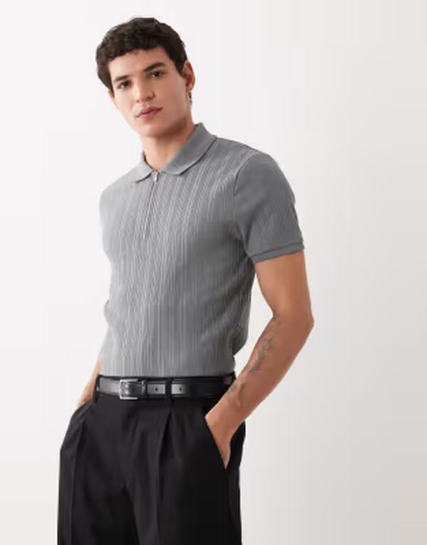 エイソス メンズ トップス スポーツシャツ ASOS DESIGN muscle fit zipolo インチ charcoal rib Sedona sage サルヴィア