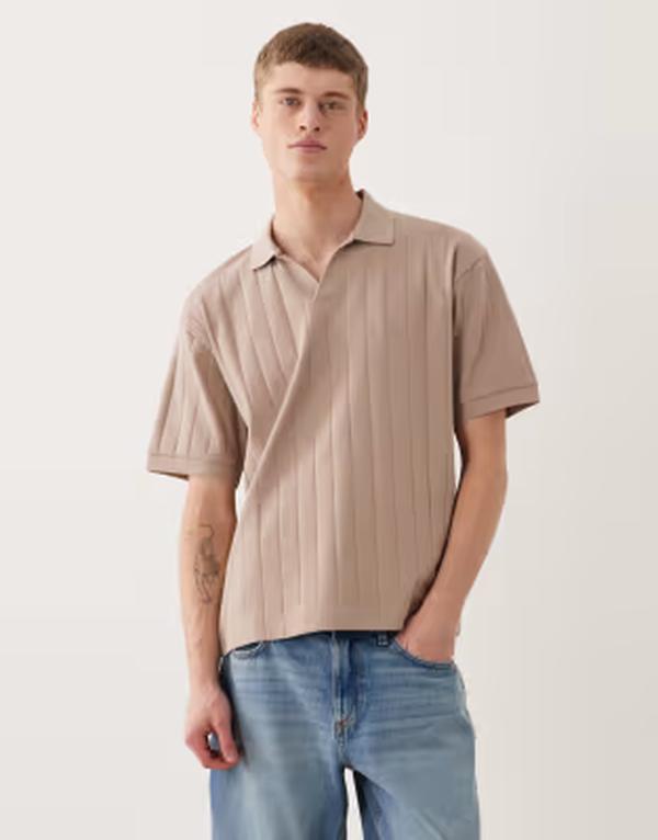 エイソス メンズ トップス スポーツシャツ ASOS DESIGN relaxed camp collar polo wide rib Mocha meringue モカ