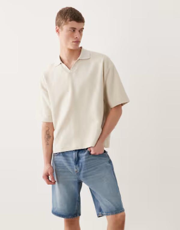 エイソス メンズ トップス スポーツシャツ ASOS DESIGN super heavyweight boxy oversized polo texture Rainy day ベージュ