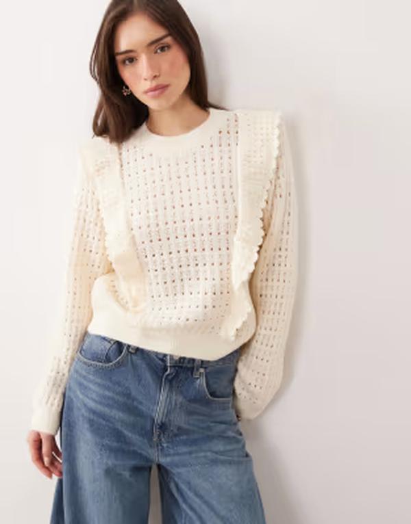 マンゴ レディース アウター パーカー・スウェット ニット Mango frill detailing fine knitop in cream クリーム|ReVida 店