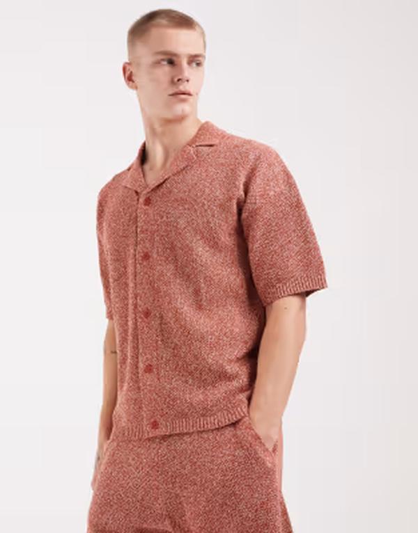 エイソス メンズ トップス スポーツシャツ 編み物 ASOS DESIGN relaxed knit button up インチ rustwist - part of a set BROWN 赤銅色