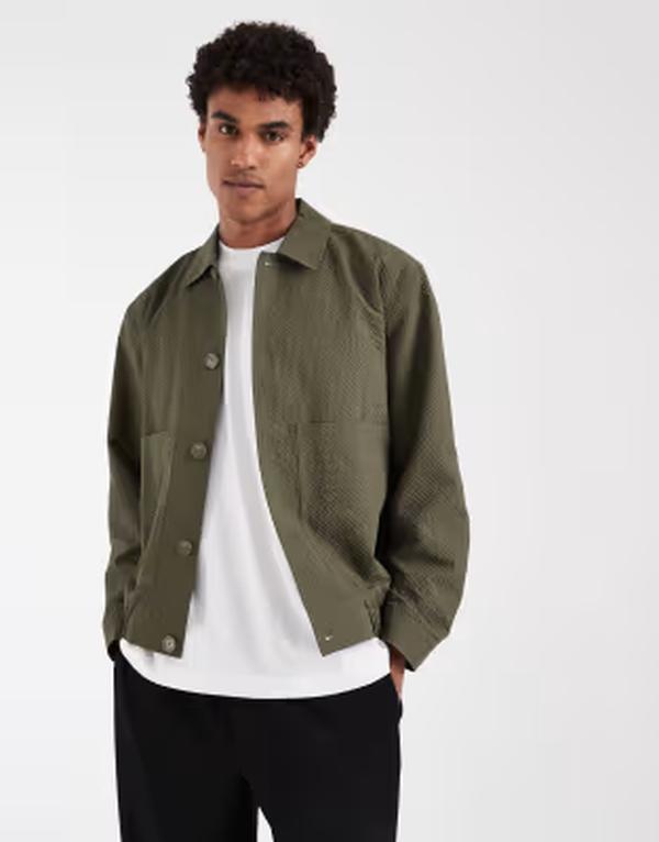 エイソス メンズ アウター 上衣・上衣 ASOS DESIGN textured fabric harrington jacket GREEN 緑であること