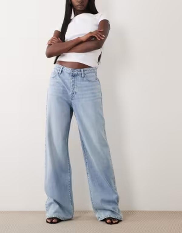 好ましいアメリカン レディース ボトムス ジーンズズボン下 ワイドレッグ デニム Good American weightless high rise wide leg jeans インチ light blue wash Dark blue 青み