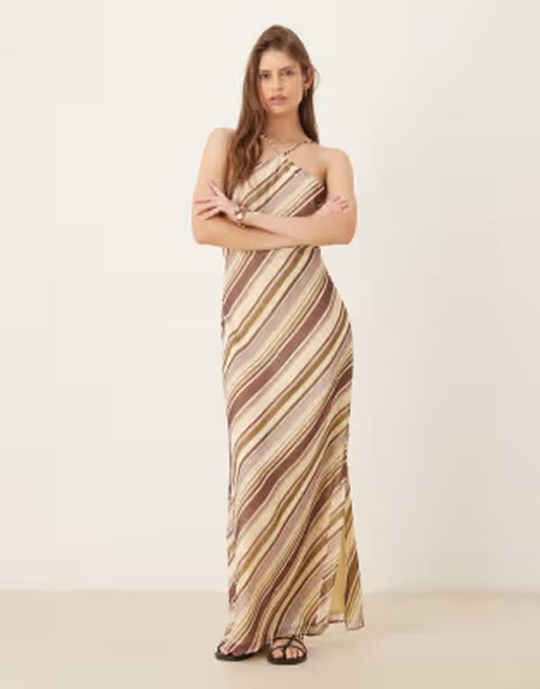 エイソス レディース トップス 衣装 シフォン マキシ ホルター ASOS DESIGN halter neck chiffon maxi dress インチ multi stripes Multi stripe マルチ色つや