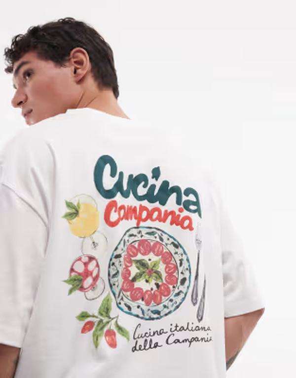 エイソス メンズ トップス Tシャツ グラフィック ASOS DESIGN boxy oversized T-shirt with food andrink back graphic WHITE ホワイト