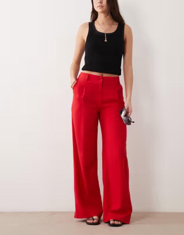 エイソス レディース ボトムス 心地好いズボン下 引っ切り無い リネン ASOS DESIGN linen blend relaxed straight leg pants Red 赤いこと