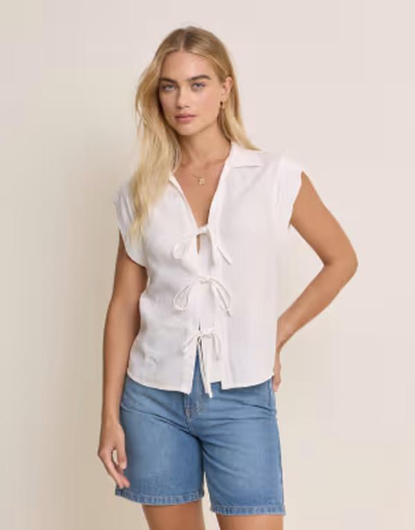 ノーバディーズ チャイルド レディース トップス プルオーバー リネン Nobody\u0027s Child Ember linen blend collar detail tie frontop White 白いこと