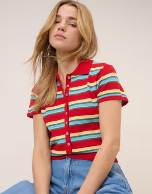 ノーバディーズ チャイルド レディース トップス スポーツシャツ 編み物 Nobody\u0027s Child waisted knit polo top stripes Red 赤いこと