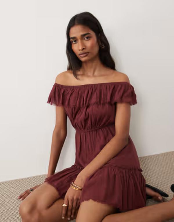 ミスセルフフリッジ レディース トップス ワンピース フリル ミニ Misselfridge off shoulderuffle mini dress RED レッド｜ReVida 店