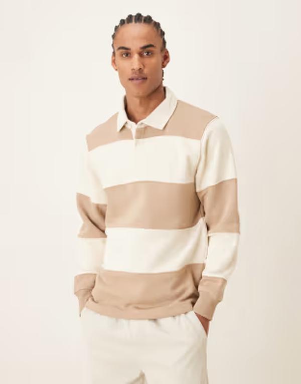マンゴ メンズ アウター パーカー・スウェット プルオーバー 綿織物 Mango cotton mix rugby sweatshirt and white stripe BROWN 赤銅色