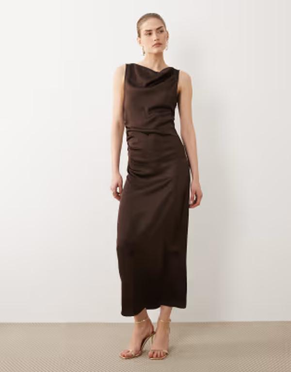 ヴィラ レディース トップス ワンピース ミディ サテン VILA cowl neck satin midi dress in chocolate Shaved Chocolate チョコレート｜ReVida 店