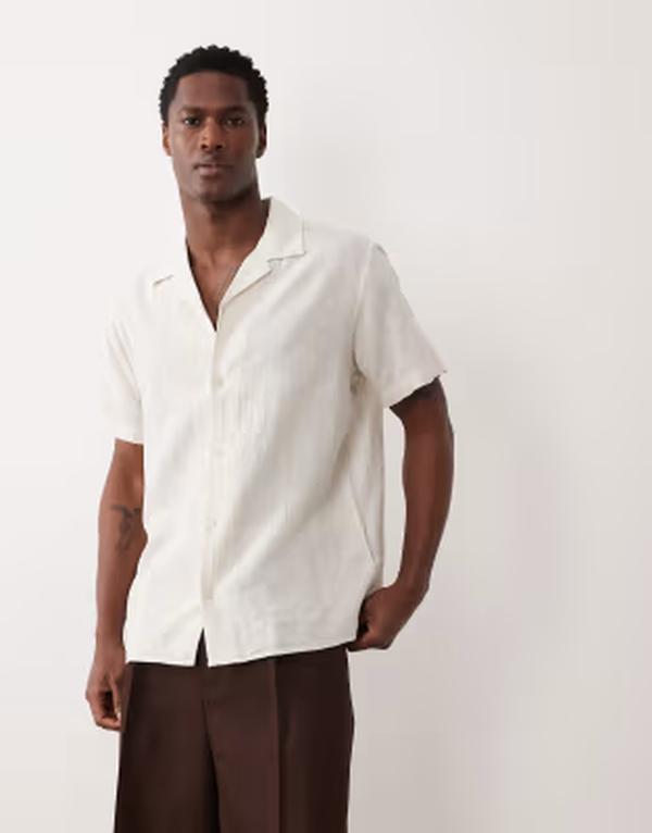 ジャック アンド ジョーンズ メンズ トップス シャツ リネン Jack & Jones Premium linen blend textured stripe shirt in cream Lemon Pepper クリーム｜ReVida 店