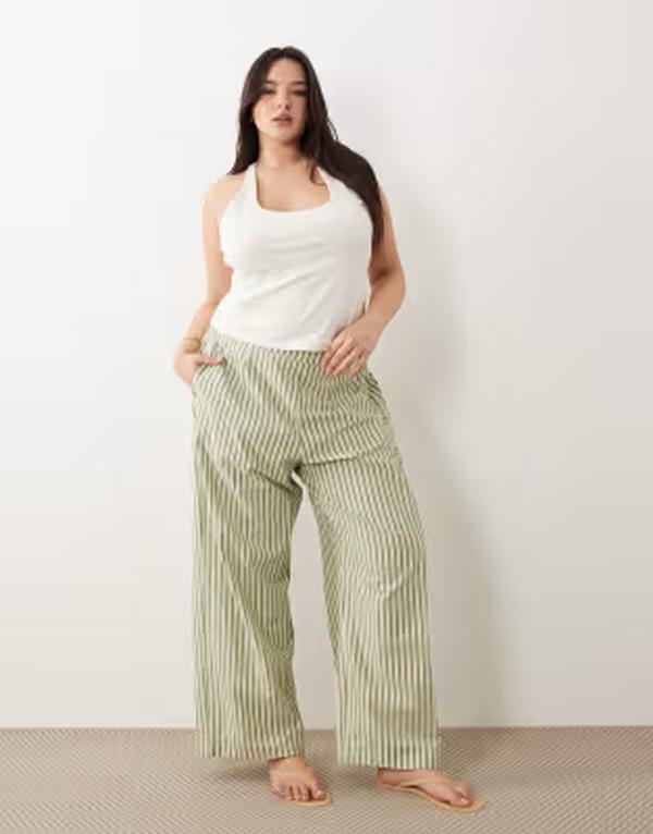 エイソス レディース ボトムス 心地好いズボン下 引っ切り無い ASOS Curve ASOS DESIGN Curve textured pull on straight leg pantstripe Khaki Stripe カーキ