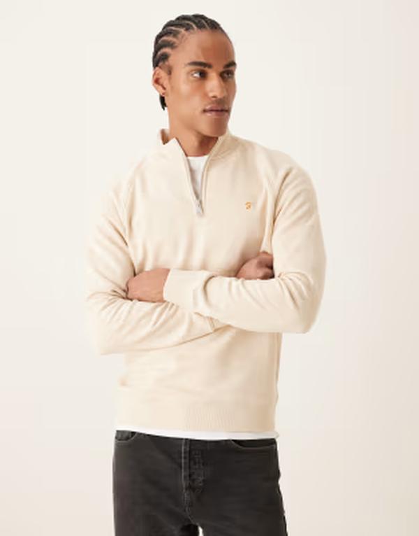 ファーラー メンズ アウター パーカー・スウェット プルオーバー ロゴタイプ Farah Jim 1/4 zip logo sweatshirt BEIGE ベージュ
