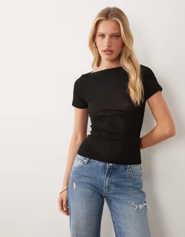 エイソス レディース トップス シャツ メッシュ ASOS DESIGN textured mesh slash neck short sleeve top Black ブラック｜ReVida 店