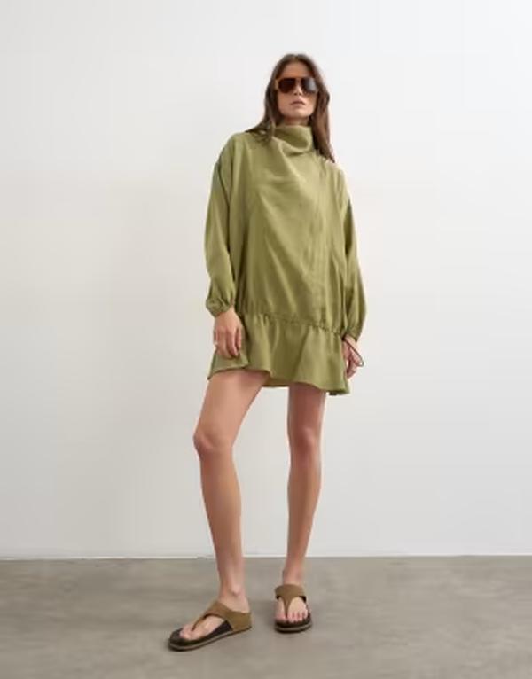 とっ始め販売店 レディース トップス ワンピースタンドネック ミニ Topshop cupro funnel neck dropped waist long sleeve mini dress Khaki カーキ ワンピース-レディースファッション