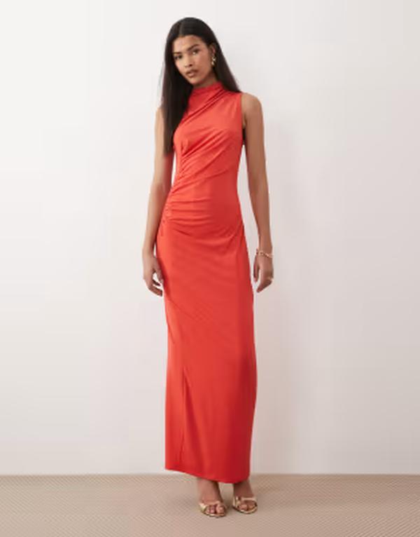 ヴィラ レディース トップス ワンピース ハイネック ギャザー マキシ VILA high neck ruched maxi dress in hibiscus レッド|ReVida 店