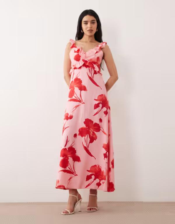 オンリー レディース トップス 衣装 御花柄 刷り上げる マキシ 御花 ONLY frill detailing maxi dress floral print Pink Icing サクラ色