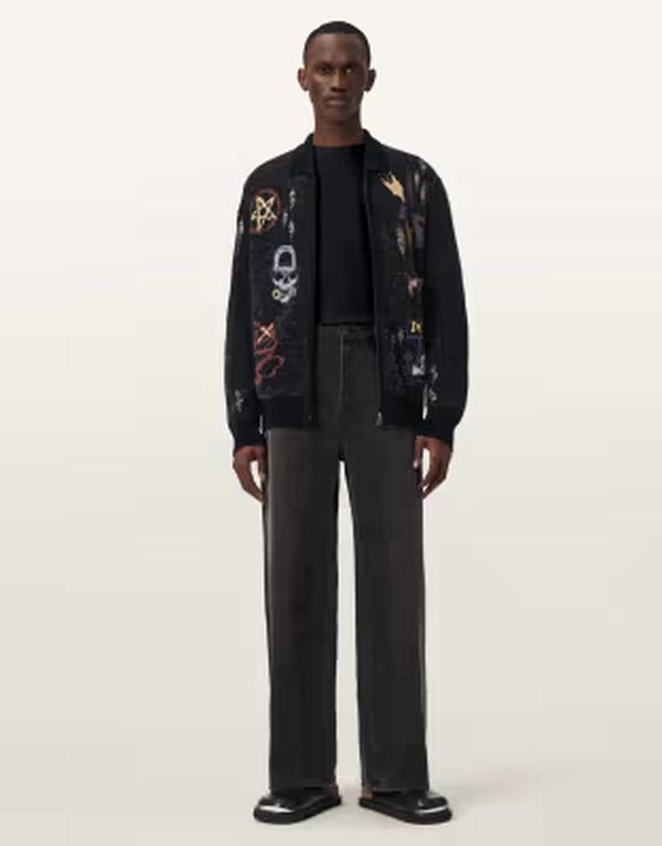 オールセインツ メンズ アウター ジレー 刺しゅう 編み物 AllSaints Meller zip up embroidered knit cardigan black 黒いこと