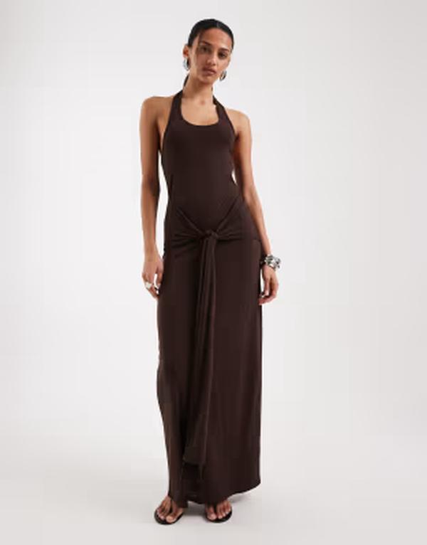 フォース\u0026レックレス レディース トップス 衣装 ドレープ プルオーバー マキシ ホルター 4th \u0026 Recklessoft jersey scoop halterneck draped tie front maxi dress インチ chocolate 黒茶