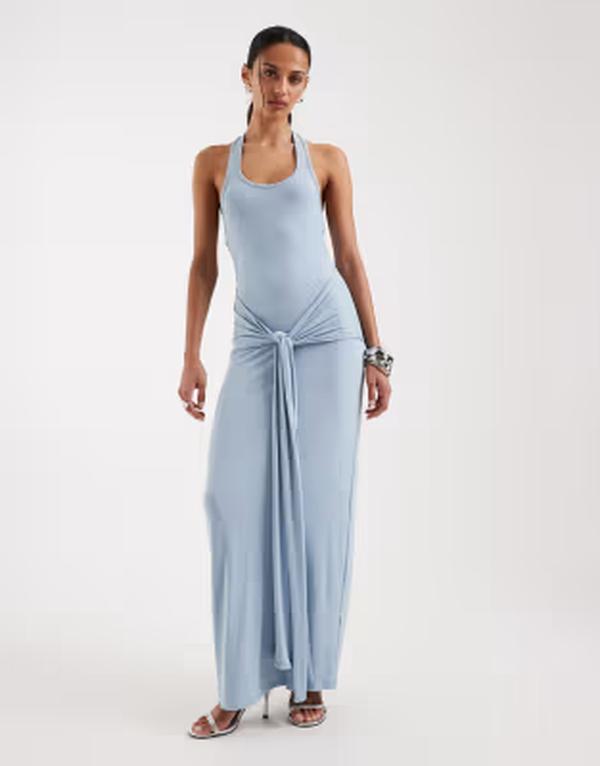 フォース\u0026レックレス レディース トップス 衣装 ドレープ プルオーバー マキシ ホルター 4th \u0026 Recklessoft jersey scoop halterneck draped tie front maxi dress インチ baby BLUE 青み