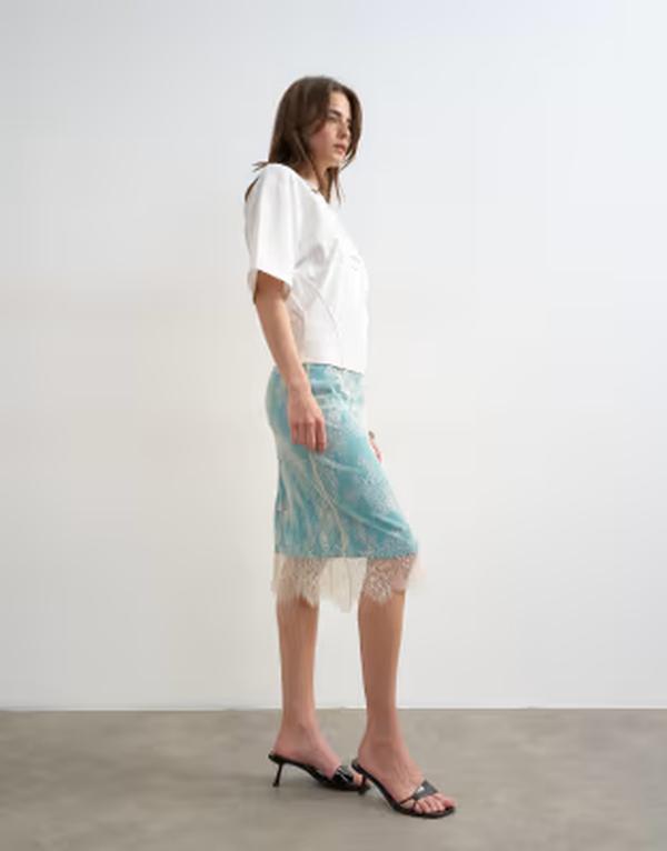 トップショップ レディース ボトムスカート ミディ レース Topshop lace midi skirt with blue insert in ecru BLUE ブルー｜ReVida 店