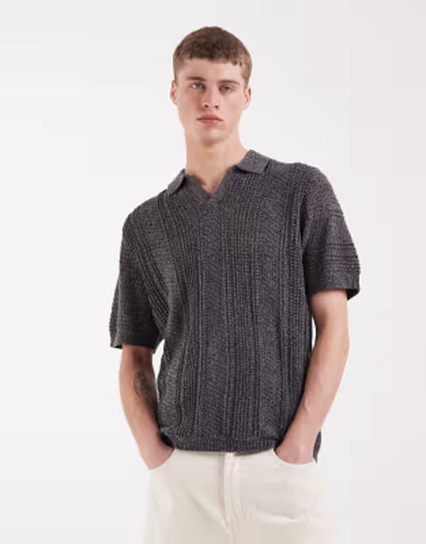 エイソス メンズ トップス スポーツシャツ 編み物 ASOS DESIGN relaxed short sleeve knit crochet notch neck polo インチ charcoal Black 黒いこと