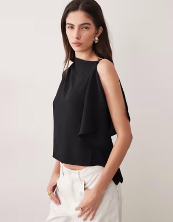 マンゴ レディース トップス シャツ アシンメトリー ノースリーブ Mango asymmetric sleeveless top withardware detail Black ブラック|ReVida 店
