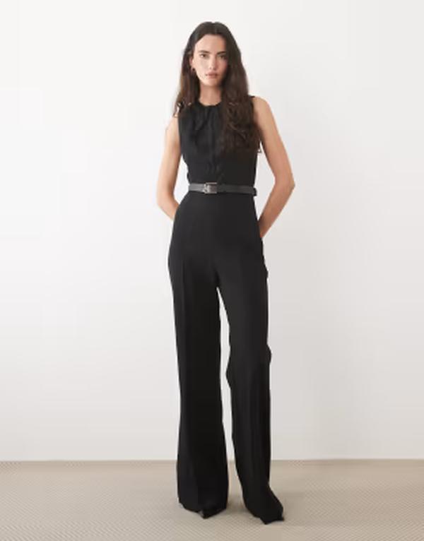 マンゴ レディース トップス 飛び降りる背広 ノースリーブ Mango sleeveless belted jumpsuit Black 黒いこと