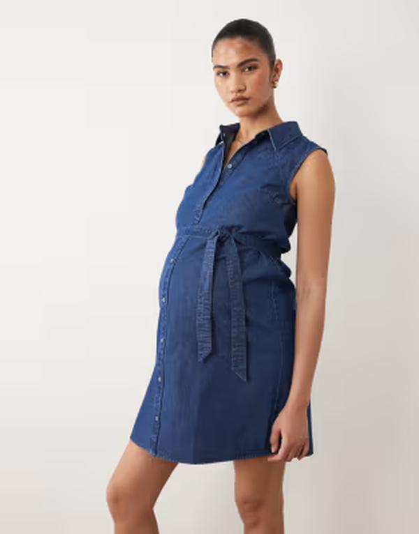 ママライシアス レディース トップス 衣装 ミニ ノースリーブ ジーンズ マタニティ Mama.licious Mamalicious Maternity sleeveless tie waist button front denimini dress インチ medium blue wash Medium blue denim ジーンズ