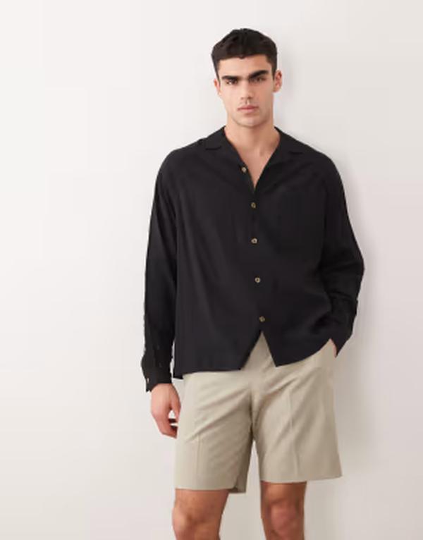エイソス メンズ トップス プルオーバー ASOS DESIGN oversized revere crinkle texture shirt Black 黒いこと