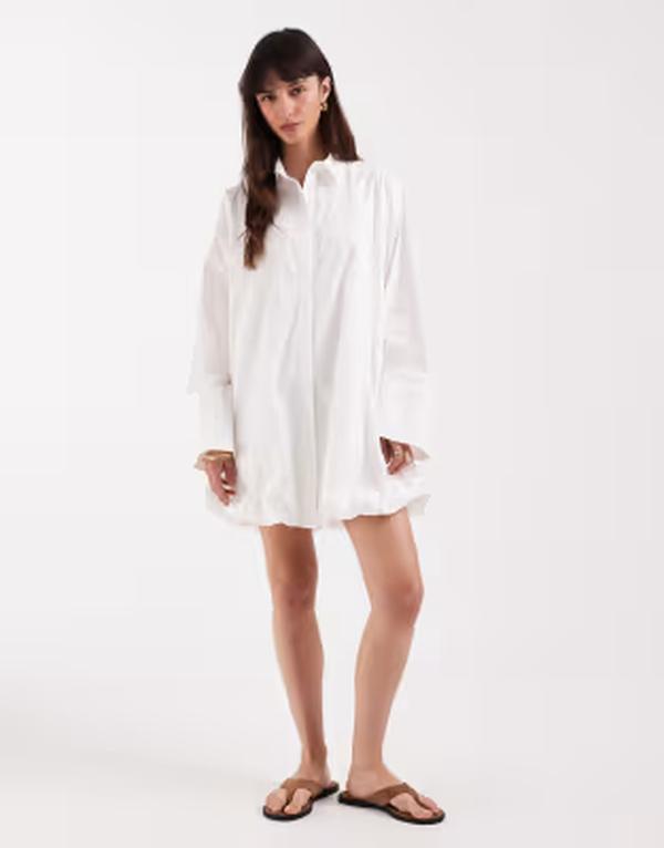 エイソス レディース トップス 衣装 ミニ プルオーバー ASOS DESIGN wide cuff shirt mini dress with bubble hem White 白いこと