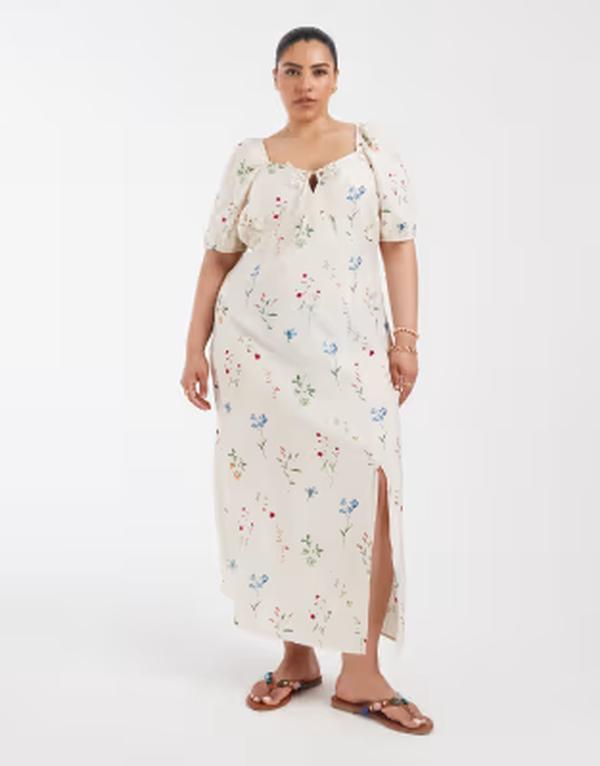 ヴェロモーダ レディース トップス ワンピース フラワー柄 プリント マキシ フラワー Vero Moda Curve puff sleeve tie front detail maxi dress in cream floral print Birch Bina クリーム|ReVida 店
