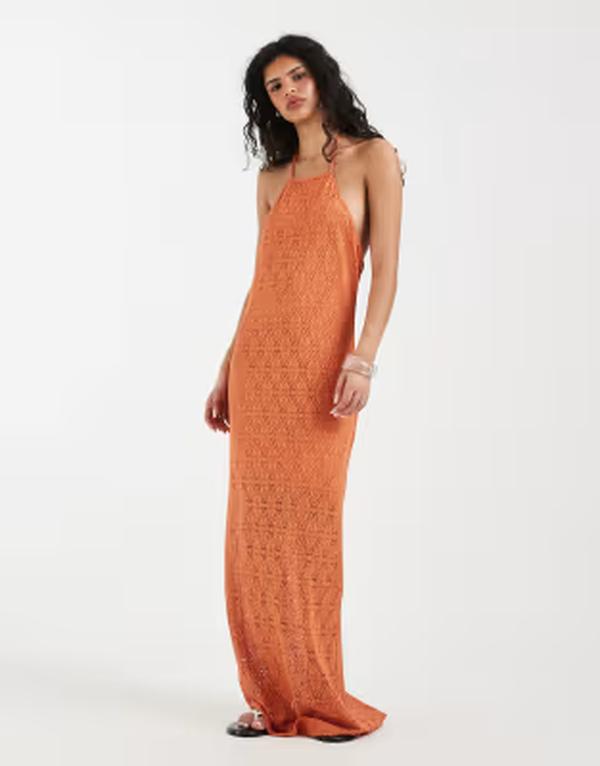 ヴェロモーダ レディース トップス ワンピース レース マキシ ホルター Vero Moda stretch lace halter neck maxi dress in orange Langostino オレンジ｜ReVida 店