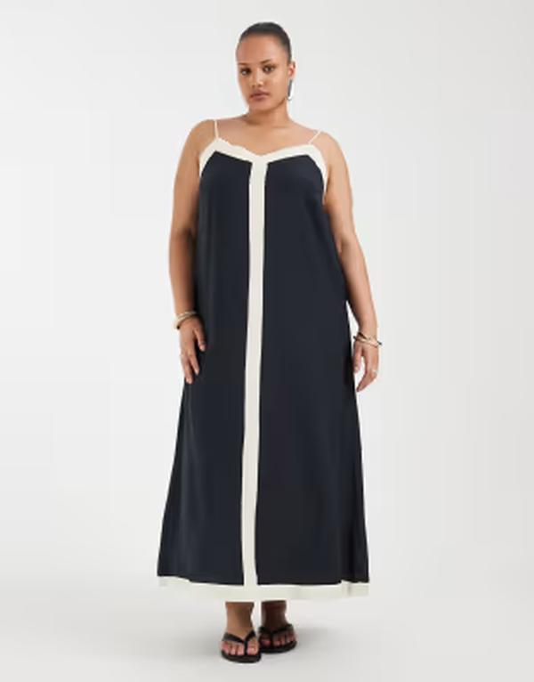 ヴェロモーダ レディース トップス 衣装 対照 マキシ Vero Moda Curve contrastrim cami maxi dress インチ cream and Black birch 黒いこと
