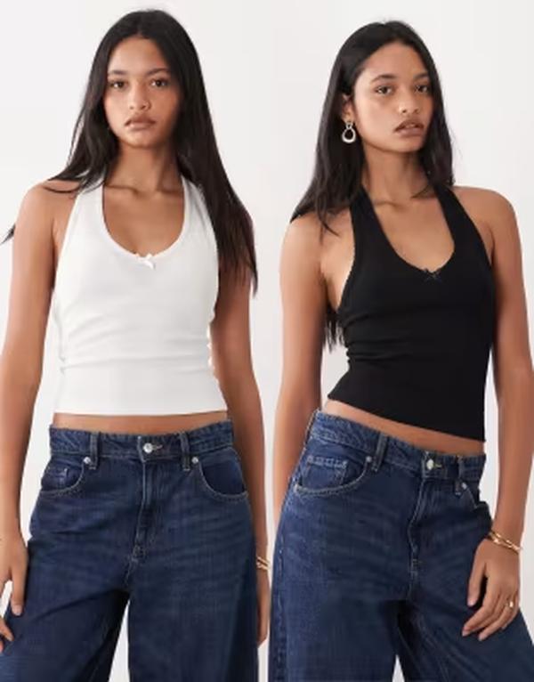 ミスセルフフリッジ レディース トップス シャツ ホルター Misselfridge 2 pack halterneck tops with picotrim detail Black and white ホワイト｜ReVida 店