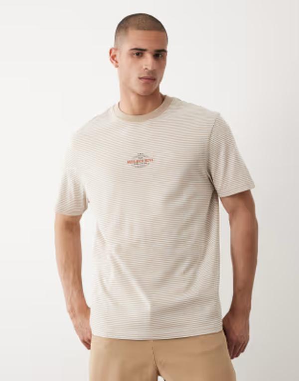 スリードベア メンズ トップス ティーシャツ 刷り上げる グラフィック Threadbare ringer T-shirt with graphic print インチ stone and ecru stripe STONE 石ころ