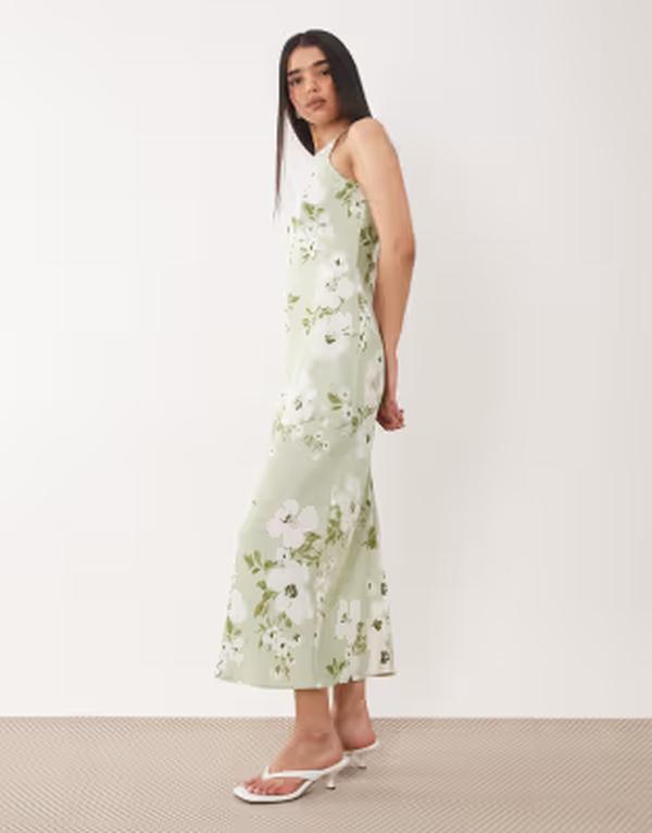 離宮 レディース トップス 衣装 御花柄 刷り上げる midi 繻子 御花 VILA racer neck satin MIDI dress インチ pale green floral print BOK CHOI PRINT 緑であること