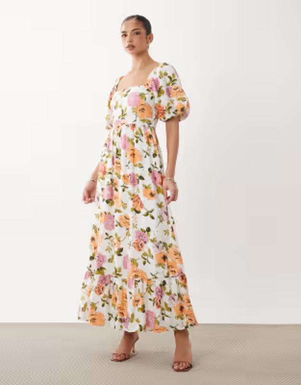 ヴィラ レディース トップス ワンピース ティアード フラワー柄 プリント マキシ フラワー VILA volume sleeve tiered maxi dress floral print Snowhite FLOLA ホワイト｜ReVida 店