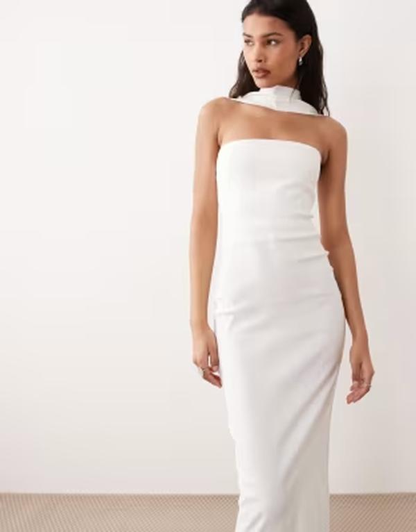 ベスパー レディース トップス ワンピーストラップレス マキシ Vesper bengaline strapless maxi dress with choker and back button detailing WHITE 白いこと ワンピース-レディースファッション